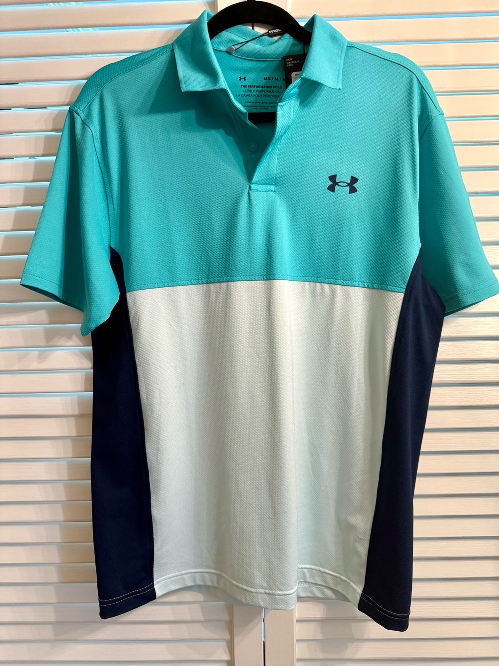 NWT Under Armour Men’s Aqua, White & Navy Color block Polo